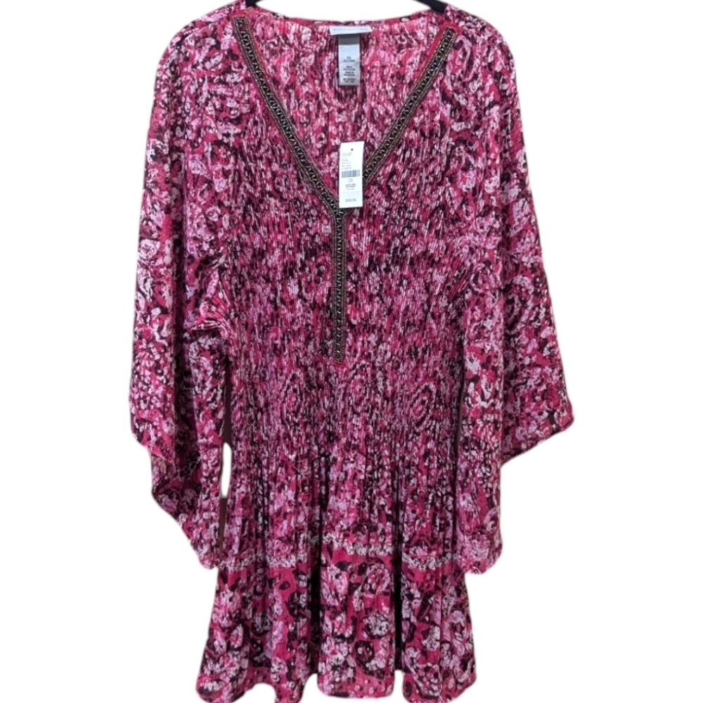Catherine's Pink Floral Beaded Pleated V-Neck Boho Longsleeve Tunic Top (2X)